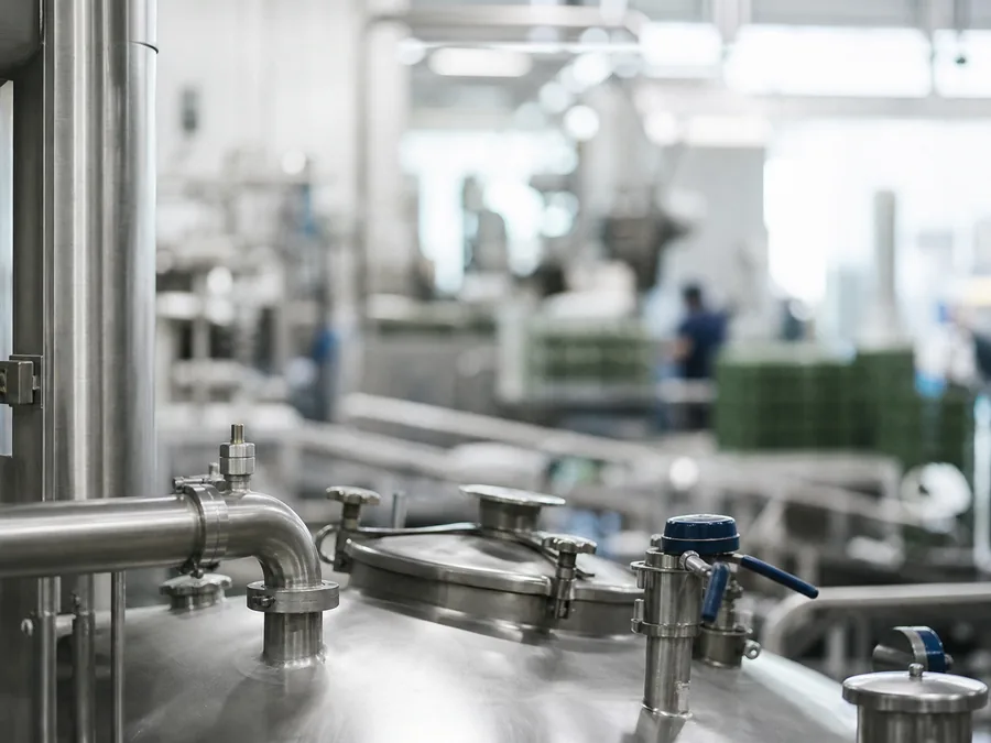 Atelier de production de produits de nettoyage : tuyauterie et vannes inox