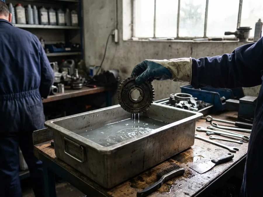 Dégraissant industriel utilisé sur des pièces mécaniques en atelier