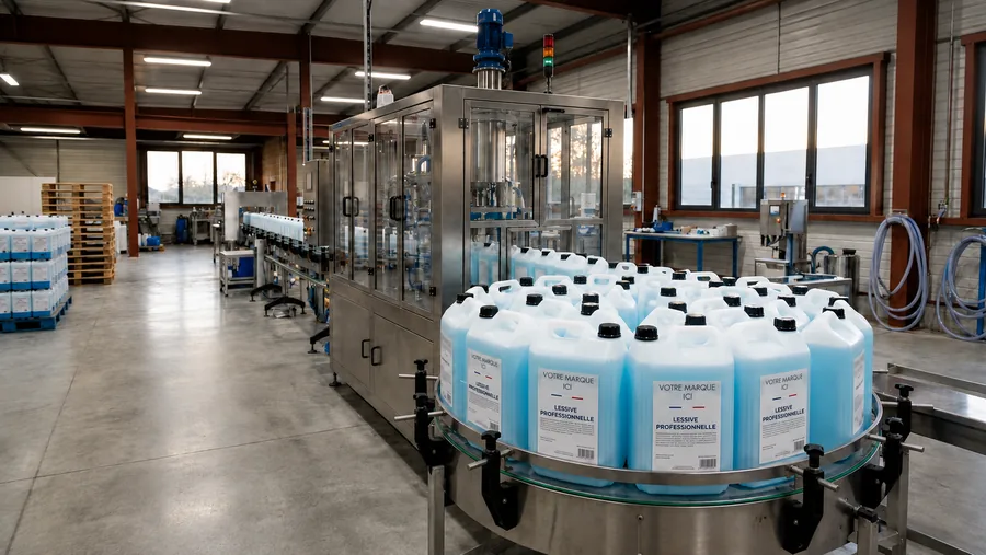 Bidons de lessive professionnelle à votre marque en sortie de conditionnement