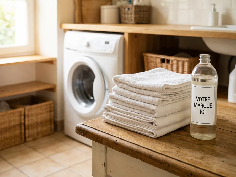Parfum de linge en marque blanche, flacon près d'une pile de linge propre