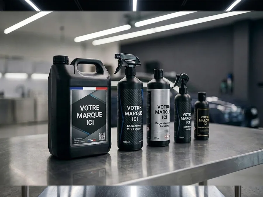 Gamme de produits de nettoyage automobile en marque blanche, du bidon au spray