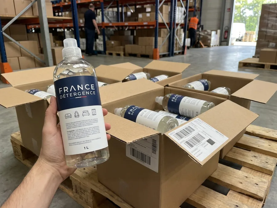 Flacon d'un litre de produit d'entretien maison en préparation de commande