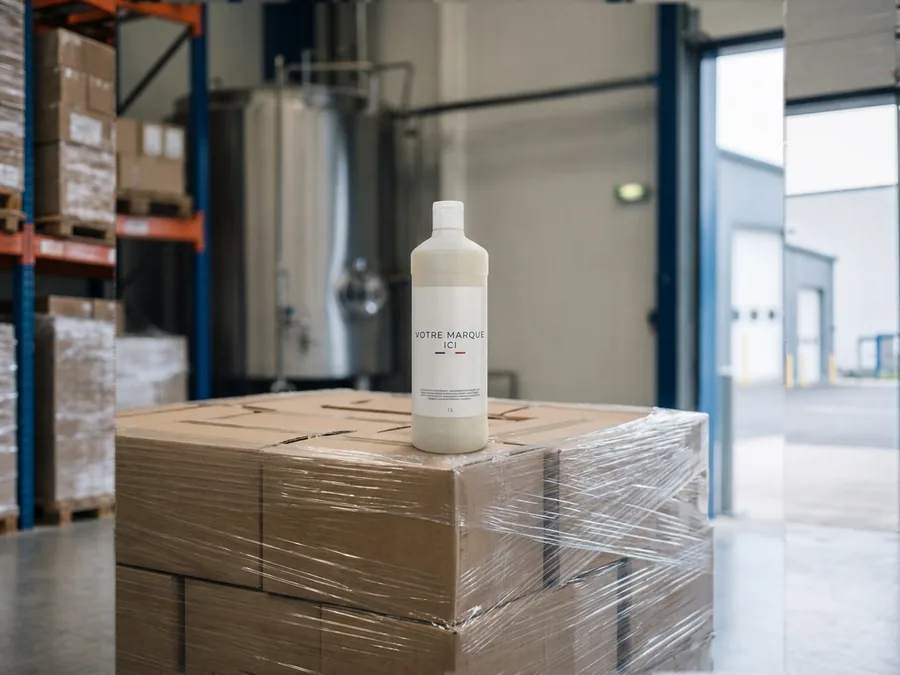 Flacon d'un litre de produit d'entretien à votre marque, contenant HDPE