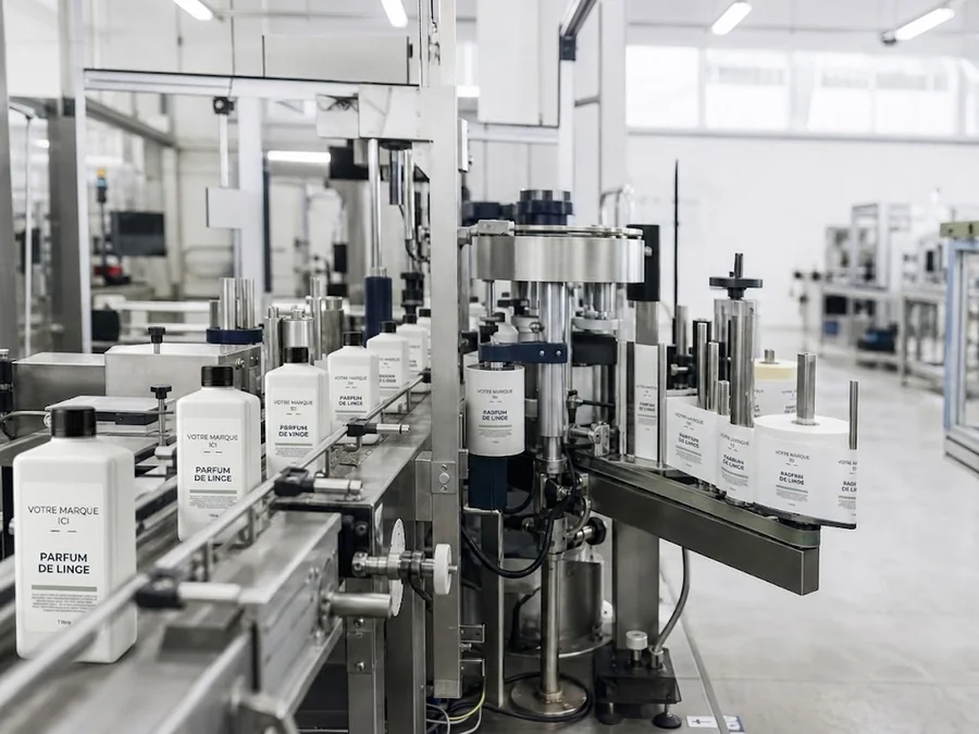 Ligne d'étiquetage de flacons de parfum de linge en atelier de conditionnement