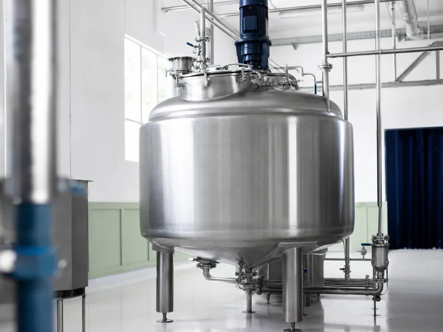 Cuve de mélange en inox dans l'atelier de production d'un fabricant de détergents écologiques