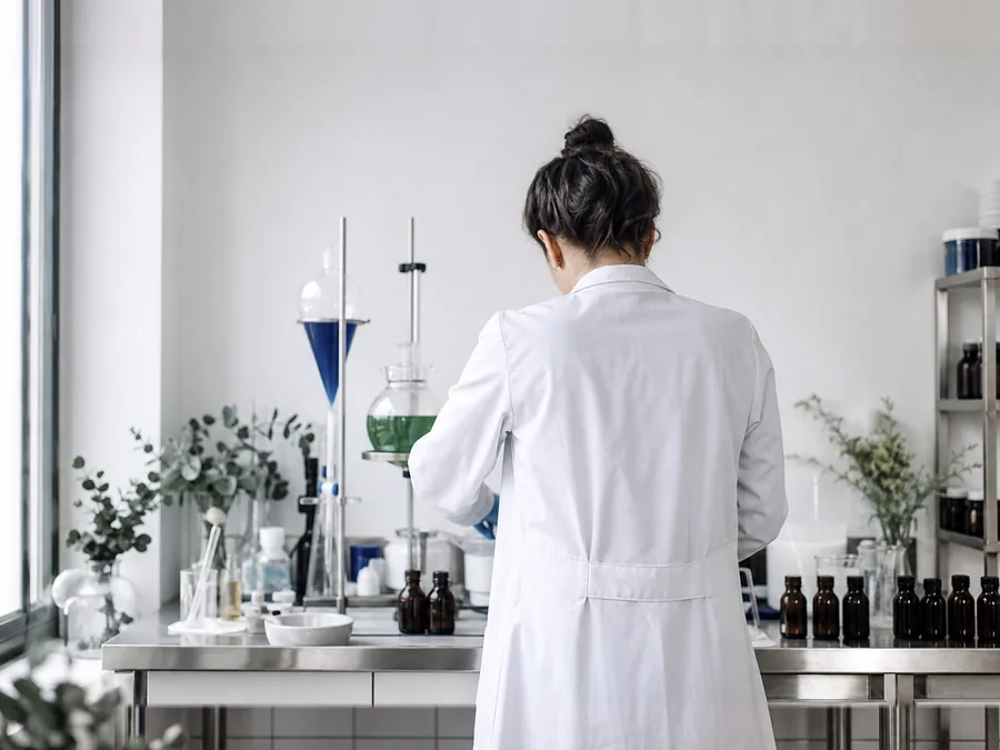Formulation d'un produit de nettoyage écologique au laboratoire, chimiste travaillant entre verrerie et plantes