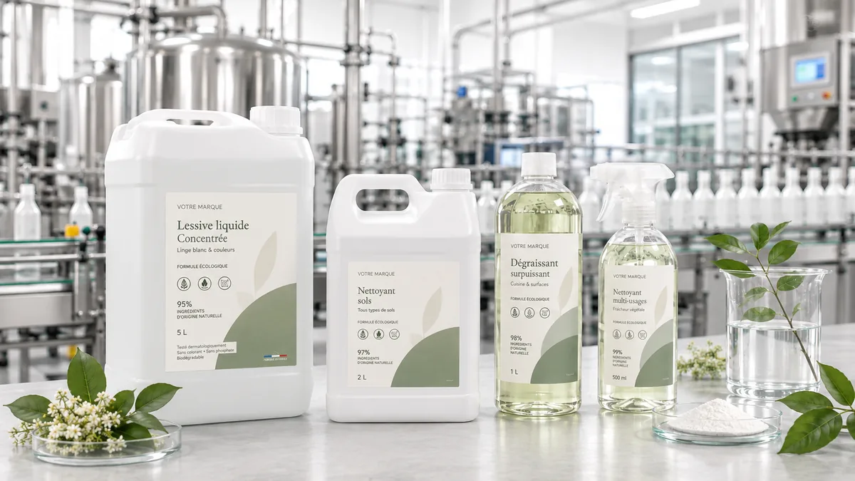 Fournisseur de produits de nettoyage écologiques : gamme à votre marque avec lessive concentrée, nettoyant sols, dégraissant et multi-usages, devant la ligne de production