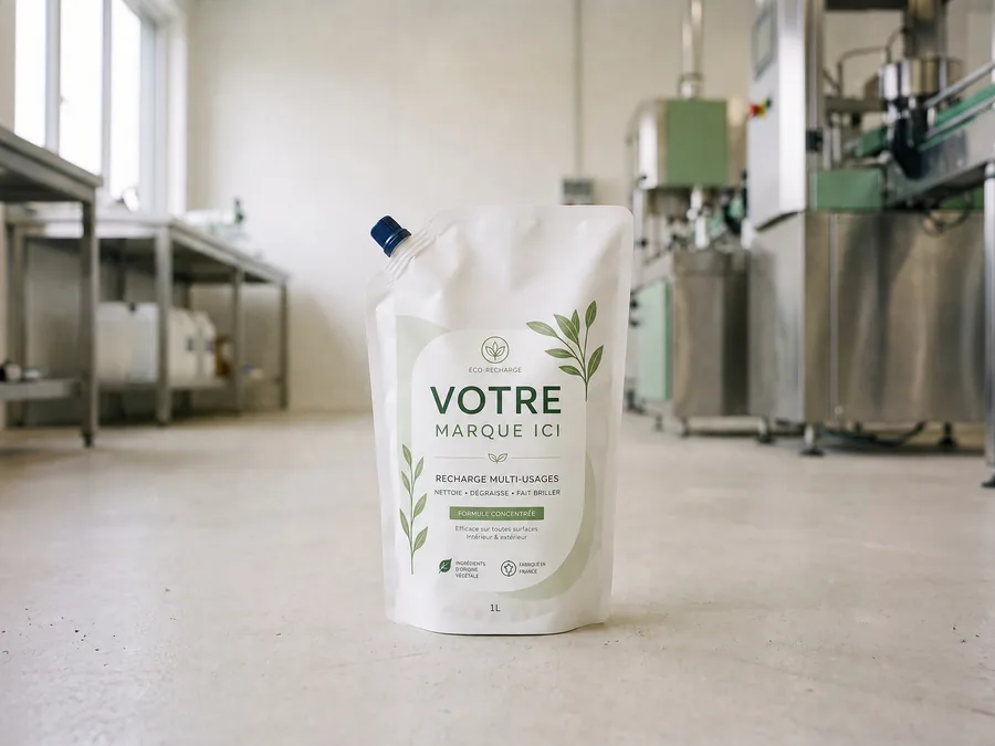Éco-recharge de 1 L de produit d'entretien écologique multi-usages, étiquetée à votre marque avec la mention ingrédients d'origine végétale