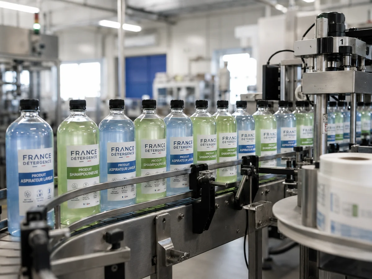 Fabricant de produits pour shampouineuses et aspirateurs laveurs, flacons de 1 L sur la ligne de conditionnement et d'étiquetage