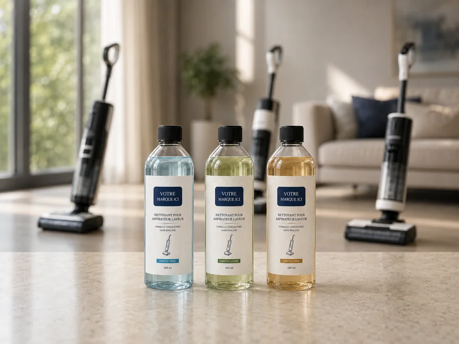 Trois flacons de nettoyant concentré pour aspirateur laveur conditionnés en marque blanche, déclinés en trois parfums