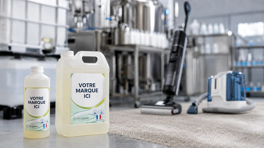 Flacon de 1 L et bidon de 5 L de nettoyant pour moquette et injecteur-extracteur étiquetés à votre marque, devant un aspirateur laveur