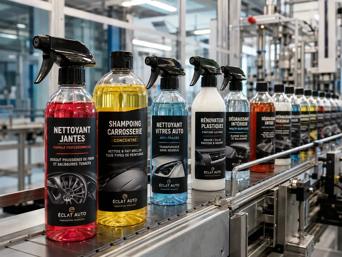 Fournisseur de produits de nettoyage auto, gamme de pulvérisateurs sur la ligne de conditionnement