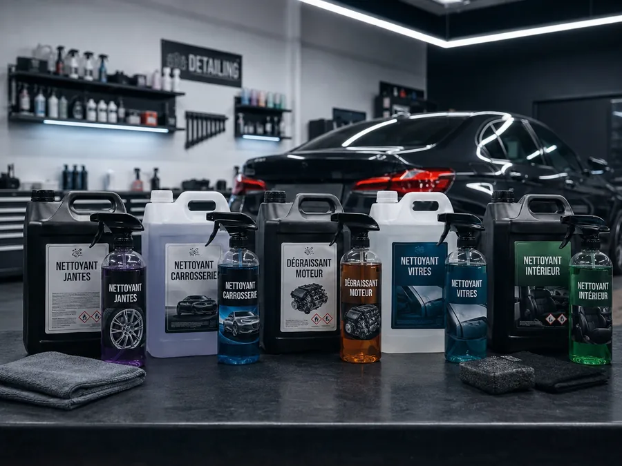 Gamme de produits de nettoyage auto professionnels, bidons de 5 L et pulvérisateurs devant un véhicule