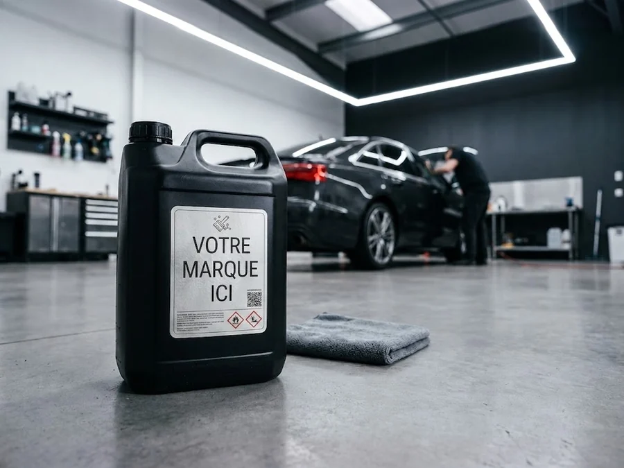 Bidon de 5 L de produit de nettoyage voiture étiqueté à votre marque dans un atelier