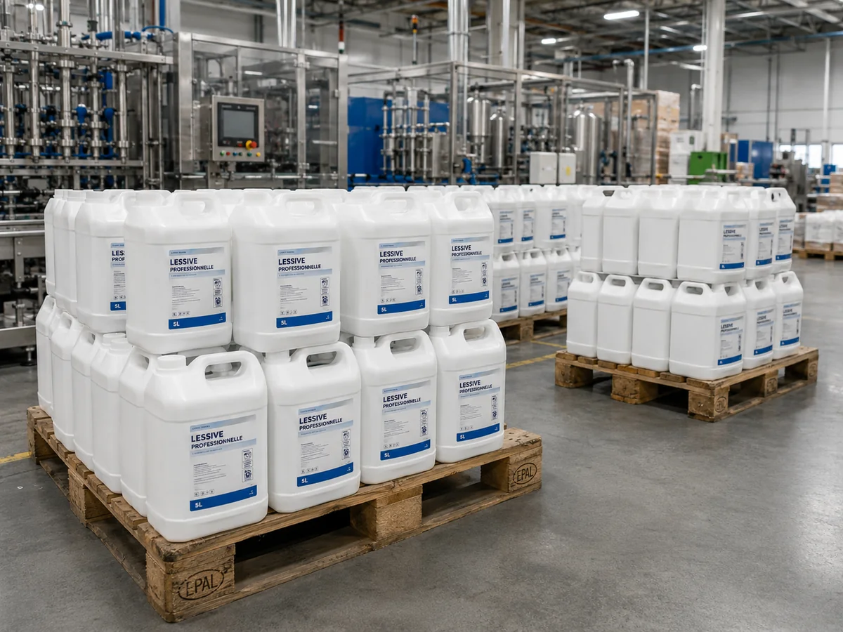 Grossiste en lessive : palettes de bidons de lessive professionnelle de 5 L sur la ligne de conditionnement
