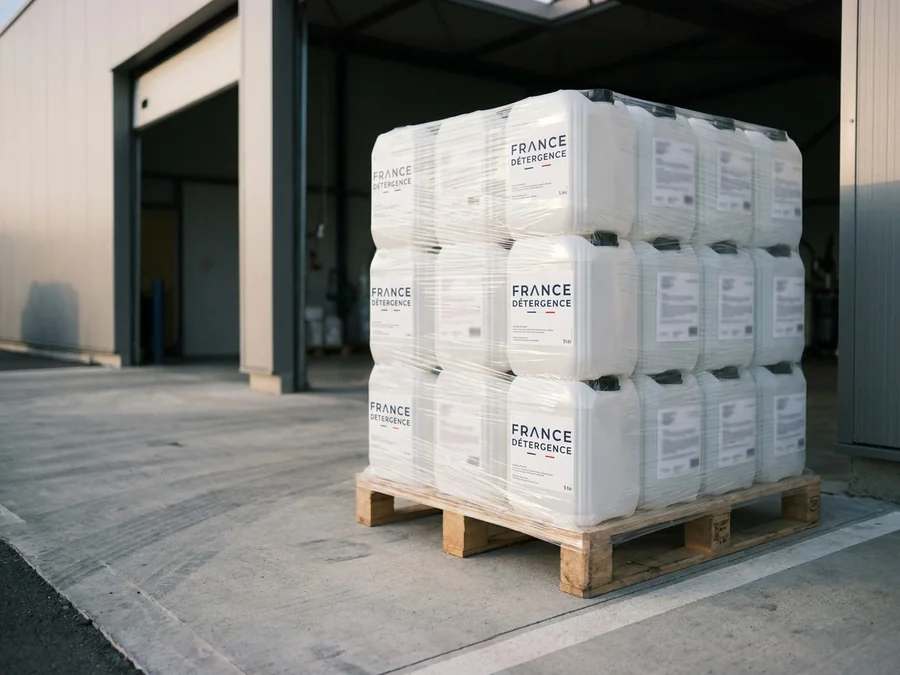 Palette de bidons de lessive de 5 L filmée, prête au départ pour une livraison en gros