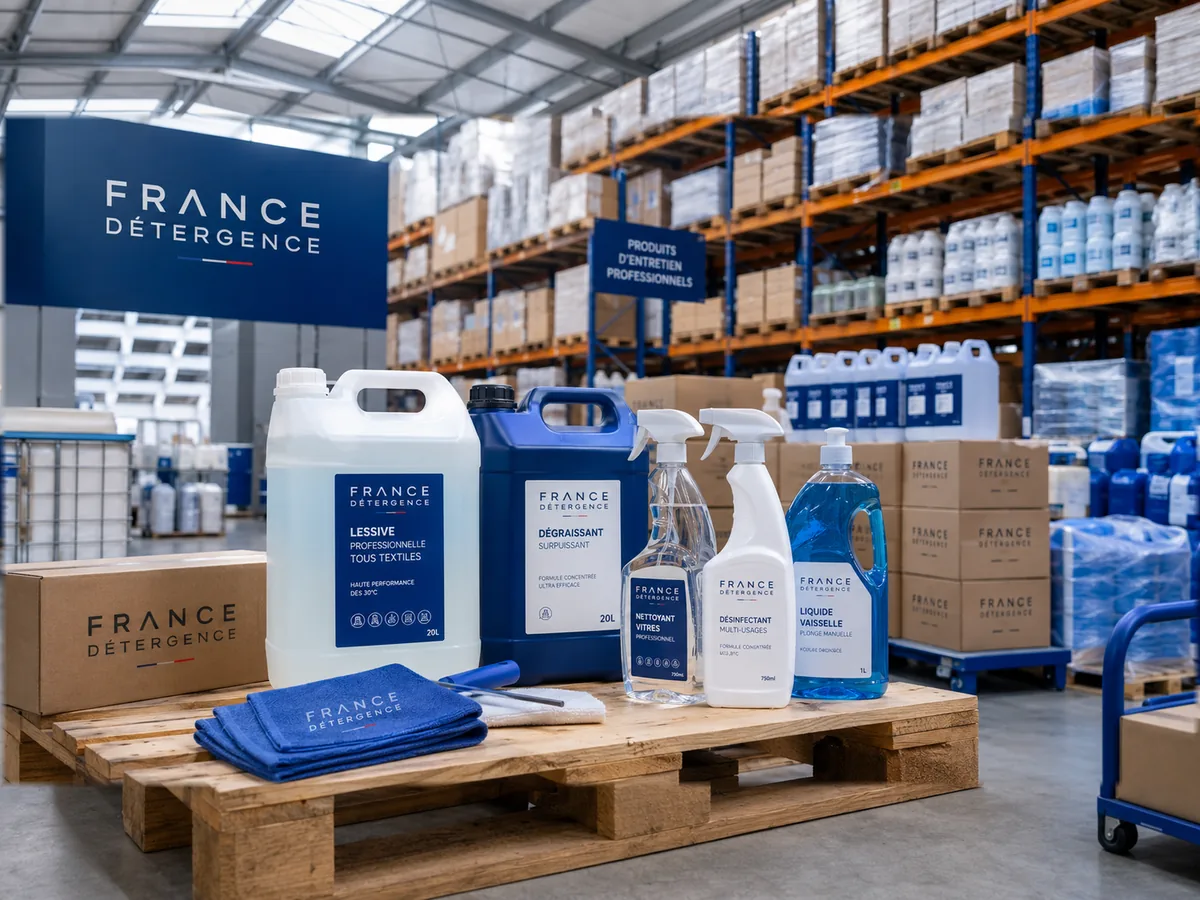 Grossiste en produits de nettoyage professionnels, gamme sur palette en entrepôt